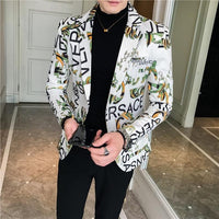 Unique designs Stage Costume Tuxedos Blazer Men Slim fit Letter Floral print Suit Mens Blazer Jacket White Black