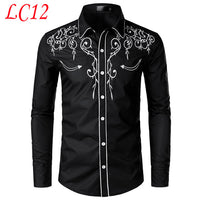 Stylish Western Cowboy Shirt Men Brand Design Embroidery Slim Fit Casual Long Sleeve Shirts Mens Wedding Party Shirt for Male