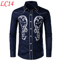 Stylish Western Cowboy Shirt Men Brand Design Embroidery Slim Fit Casual Long Sleeve Shirts Mens Wedding Party Shirt for Male