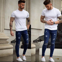 mens pants fashions  Jeans male Men's stretch jeans2019 Men's Jeans stretch hollow tight skin white hole riding to destroy  8.29