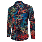 Fashion Spring Autumn Casual Men Shirt Slim Fit Flower Print Linen Shirt Long-sleeved Shirts Male Floral Social Masculina M-5XL