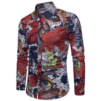 Fashion Spring Autumn Casual Men Shirt Slim Fit Flower Print Linen Shirt Long-sleeved Shirts Male Floral Social Masculina M-5XL